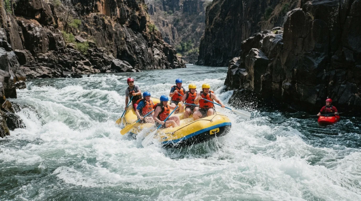 Paddlers in a Class 5 rapid on half day white water rafting in Livingstone