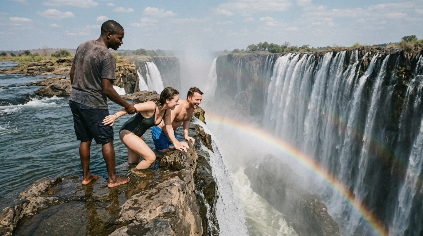 Swimmers at the lip of the falls in Devils Pool at Victoria Falls