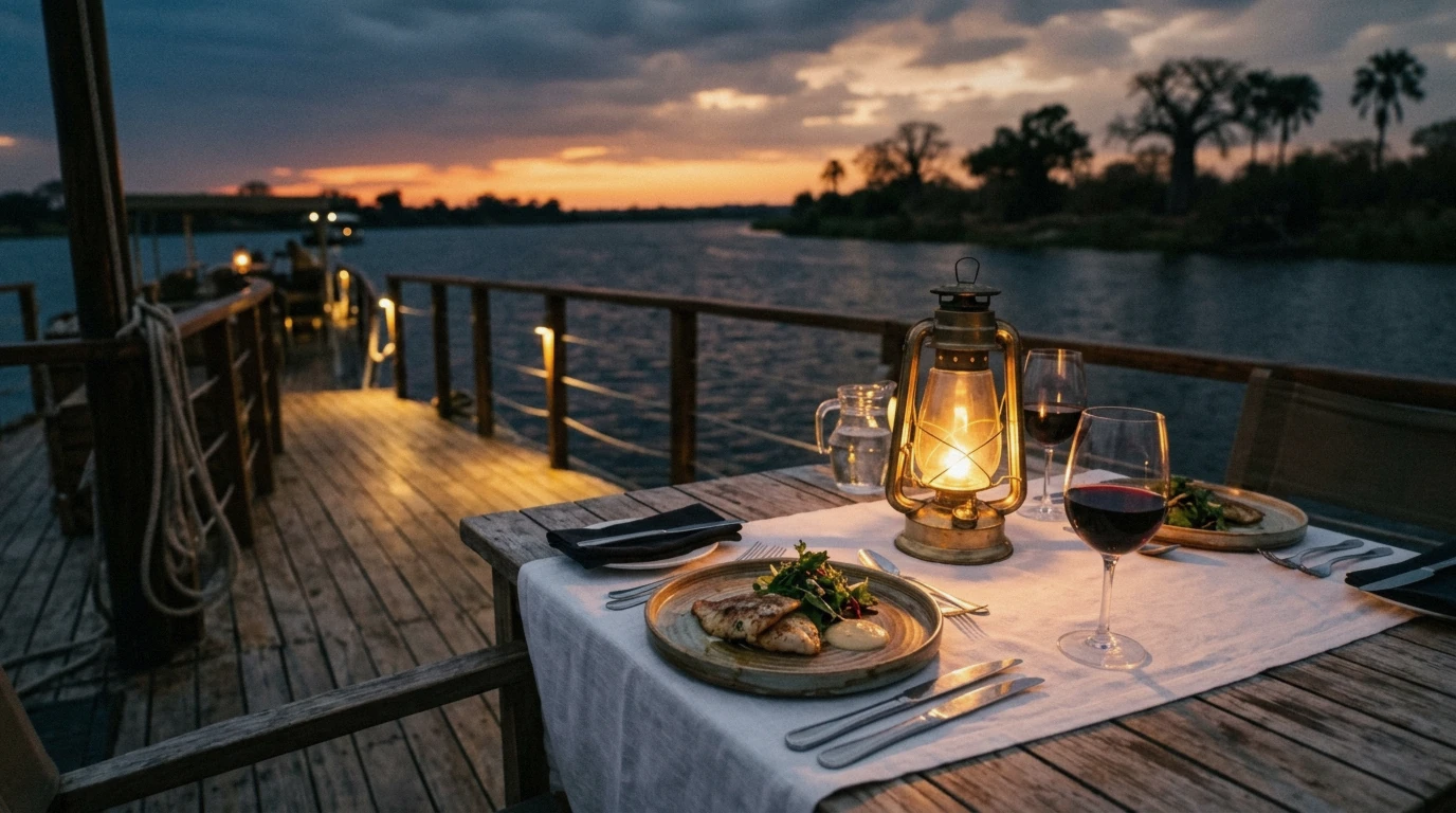 Dinner set on deck on a Zambezi river cruise at dusk