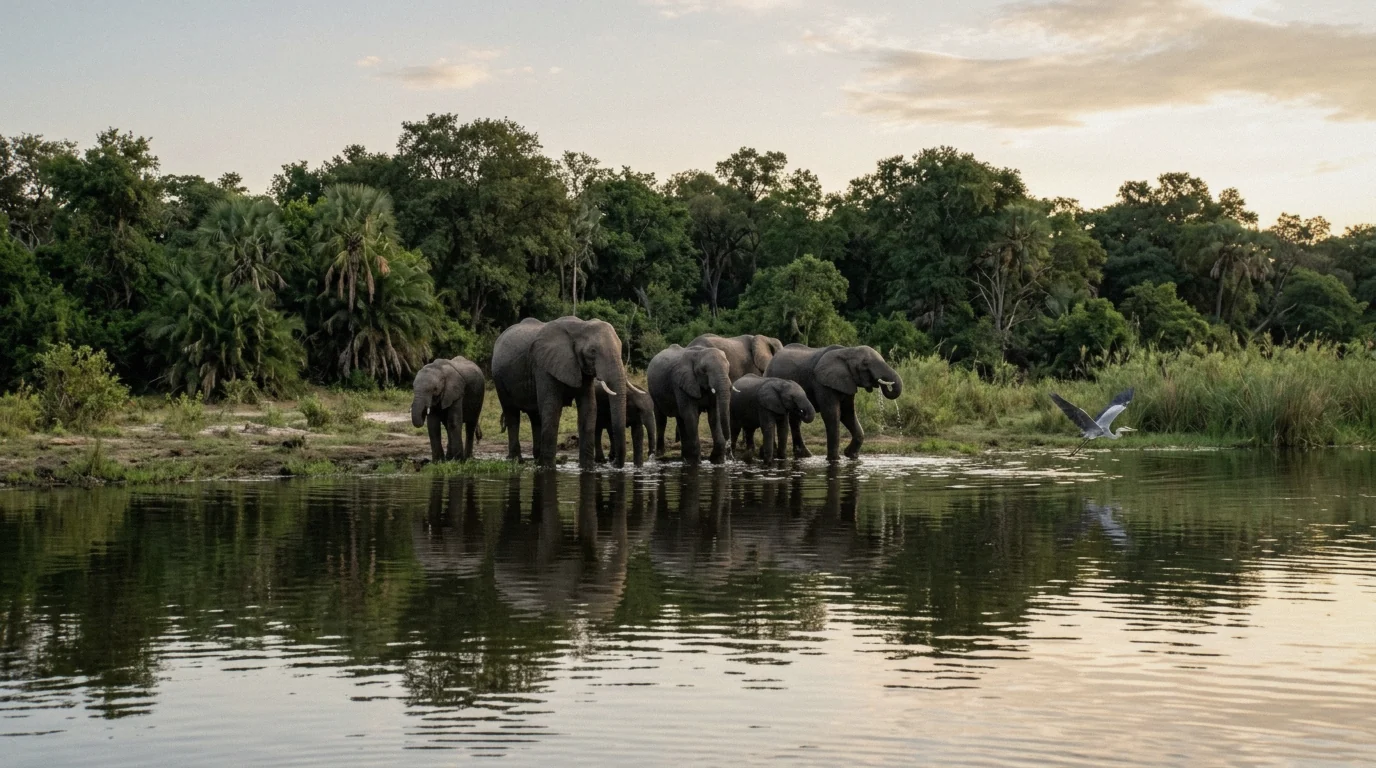 Elephants at the water on a Zambezi sunset cruise and dinner evening