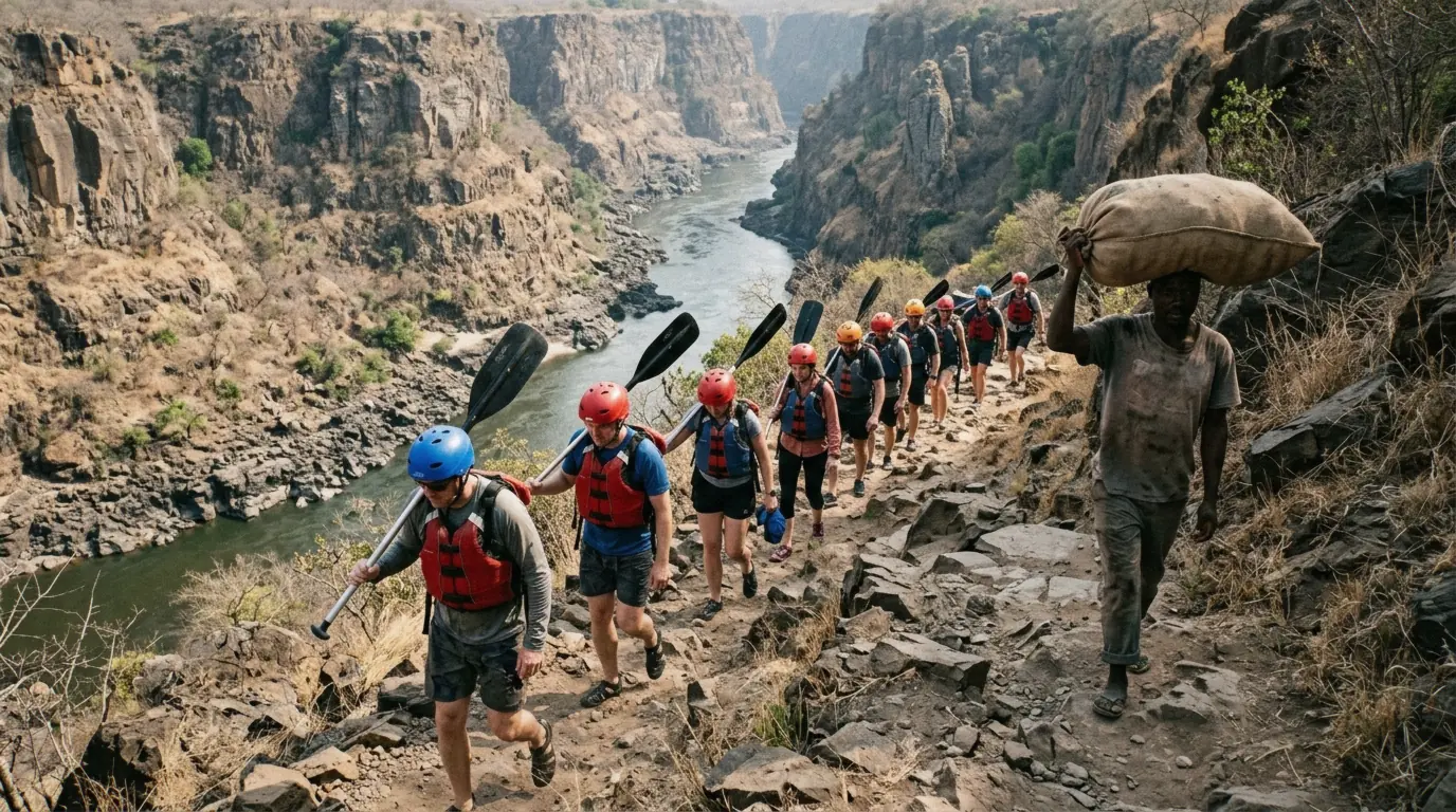 Hike out of the gorge after half day white water rafting in Livingstone