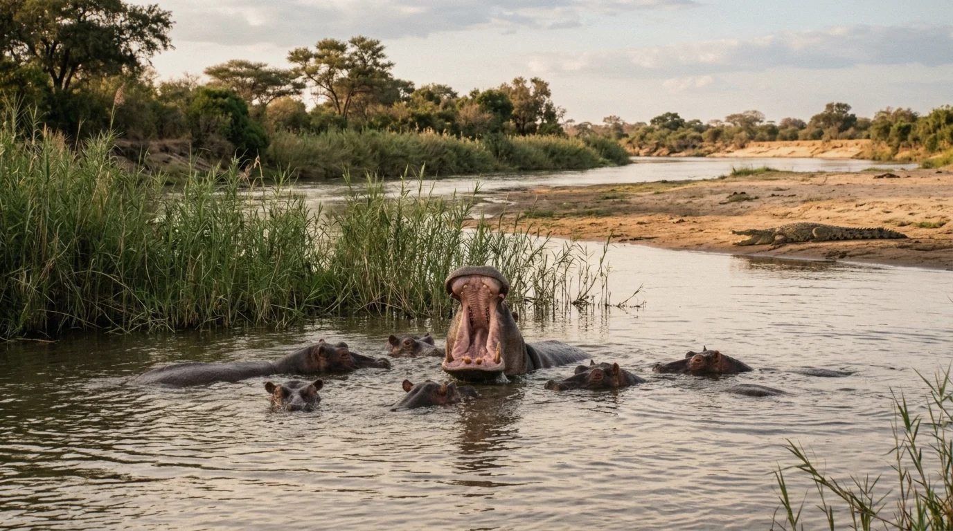 Hippos and a crocodile in the upper Zambezi River above Victoria Falls