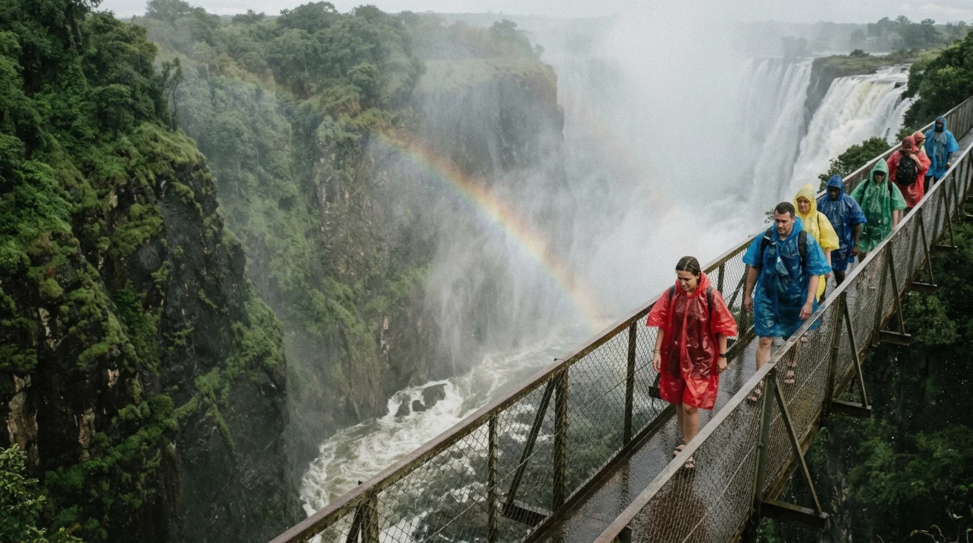 Knife Edge Bridge in the spray on the Zambia side of the Victoria Falls guided tour