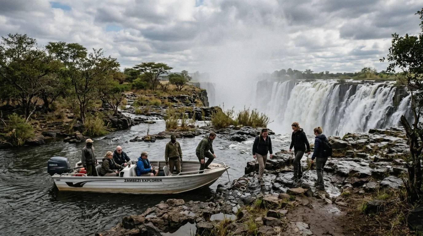 Boat landing on Livingstone Island, the start of Devils Pool tours at Victoria Falls