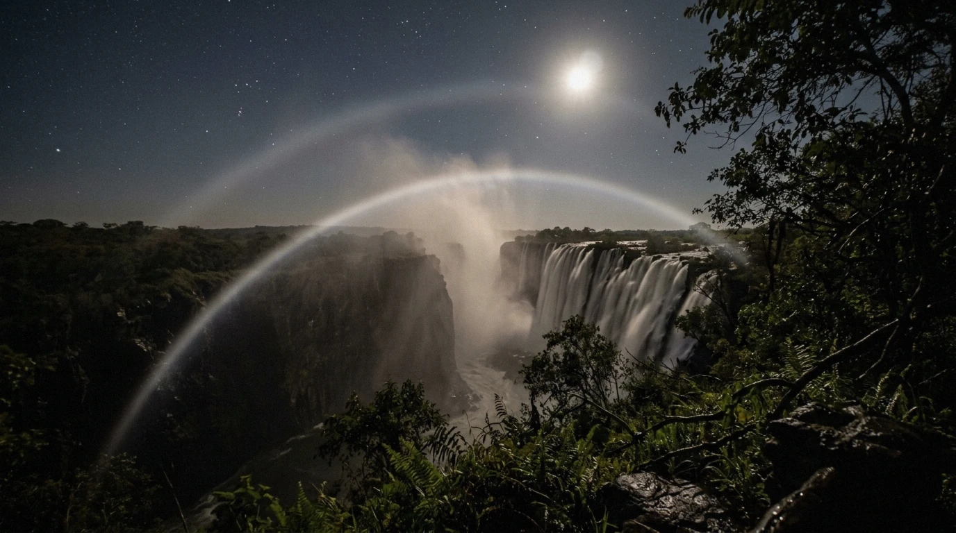 Lunar rainbow in the spray, the Victoria Falls moonbow on a full moon night