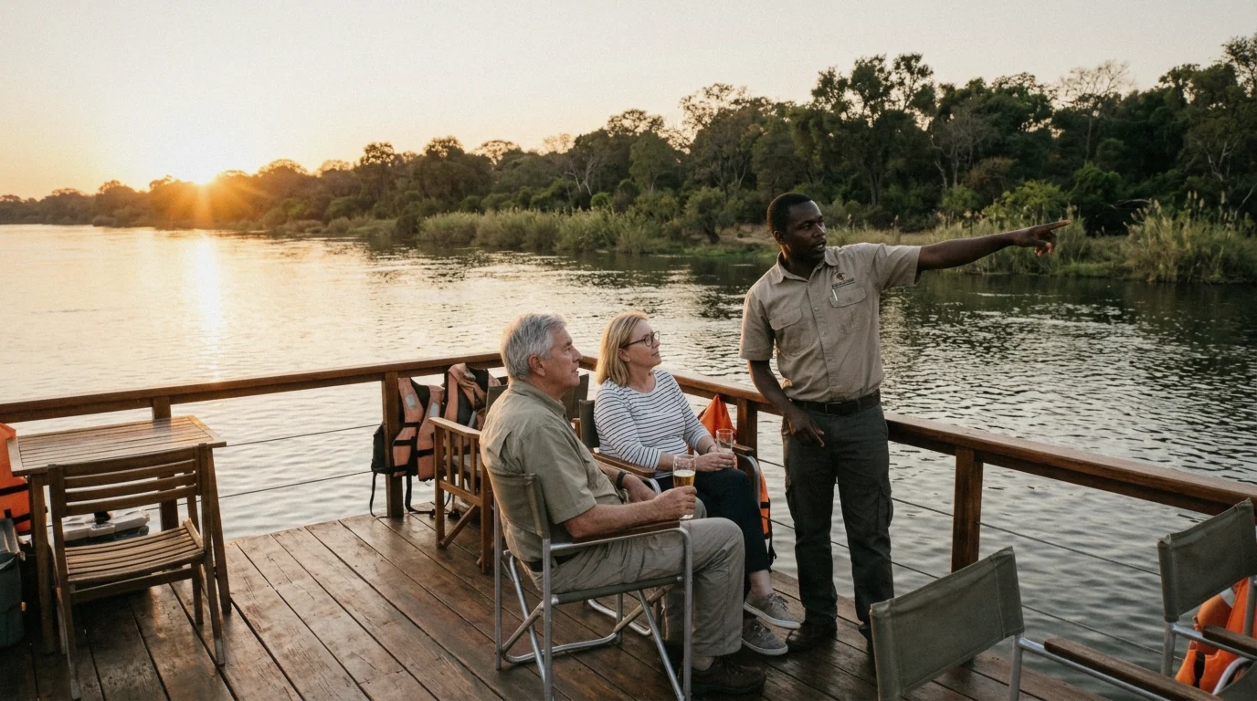 Deck of a river boat at sunset on the Zambezi sunset cruise and dinner combo